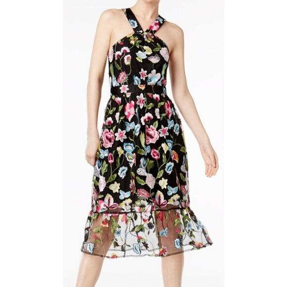 Cynthia Rowley Embroidered Halter Dress Floral Black Pink Romantic Beach Wedding - Picture 5 of 5